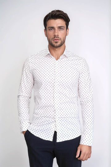 Men's White Slim Fit Shirt with Minimal Burgundy Pattern | Wessi