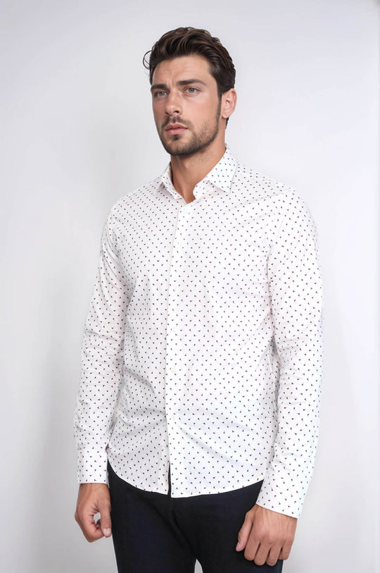 Men's White Slim Fit Shirt with Minimal Burgundy Pattern | Wessi