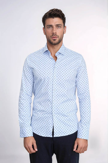 Men's Light Blue Slim Fit Shirt with Minimal Black Pattern | Wessi