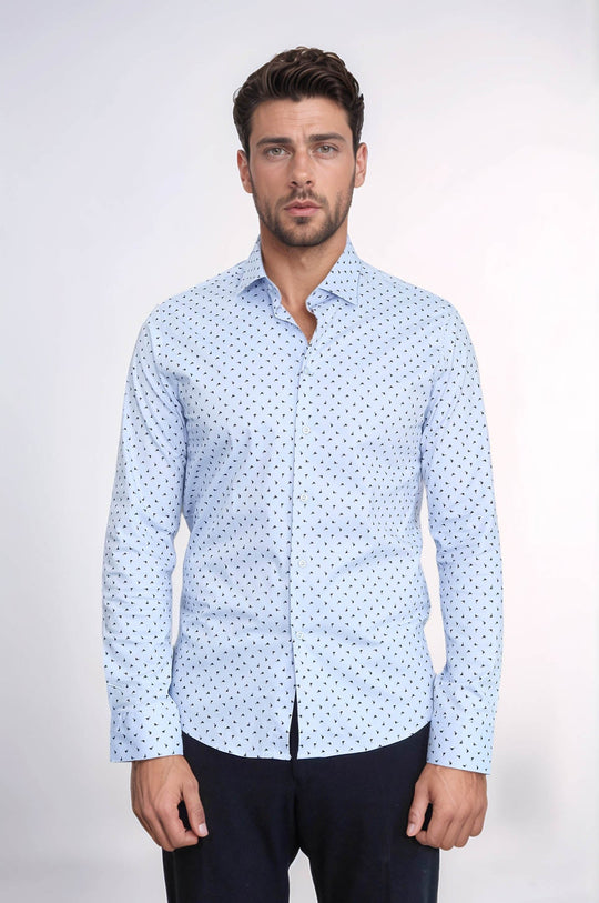 Men's Light Blue Slim Fit Shirt with Minimal Black Pattern | Wessi