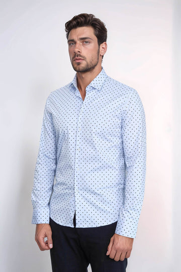 Men's Light Blue Slim Fit Shirt with Minimal Black Pattern | Wessi