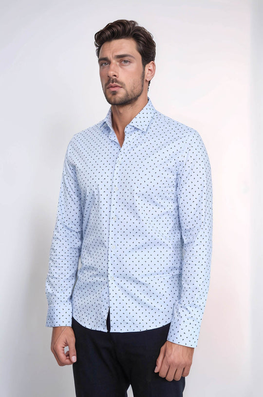 Men's Light Blue Slim Fit Shirt with Minimal Black Pattern | Wessi