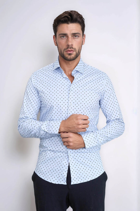 Men's Light Blue Slim Fit Shirt with Minimal Black Pattern | Wessi