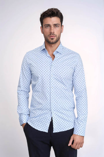 Men's Light Blue Slim Fit Shirt with Minimal Black Pattern | Wessi