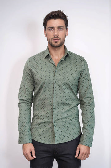 Men's Khaki Slim Fit Shirt with Minimal Black Pattern | Wessi