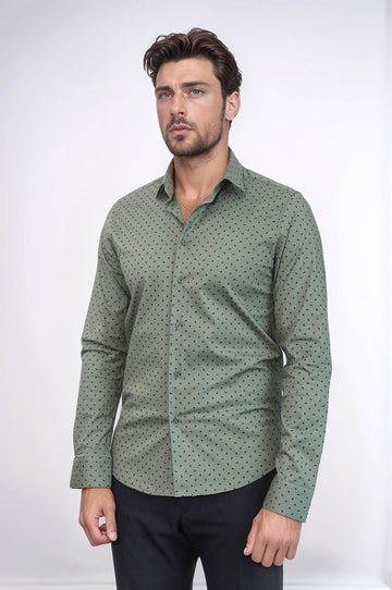 Men's Khaki Slim Fit Shirt with Minimal Black Pattern | Wessi