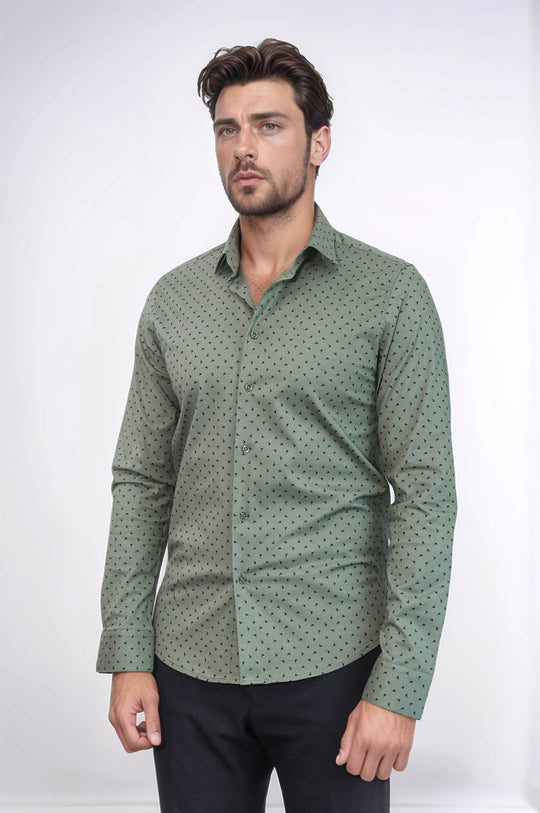 Men's Khaki Slim Fit Shirt with Minimal Black Pattern | Wessi