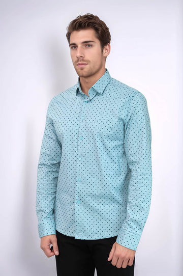 Men's Turquoise Slim Fit Shirt with Micro Black Pattern | Wessi