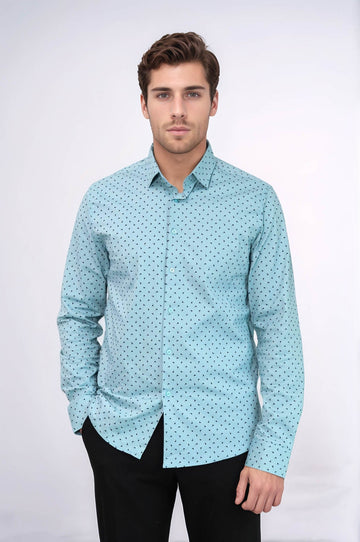 Men's Turquoise Slim Fit Shirt with Micro Black Pattern | Wessi