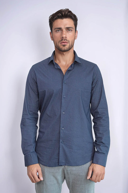 Men's Navy Blue Slim Fit Micro Check Patterned Shirt | Wessi