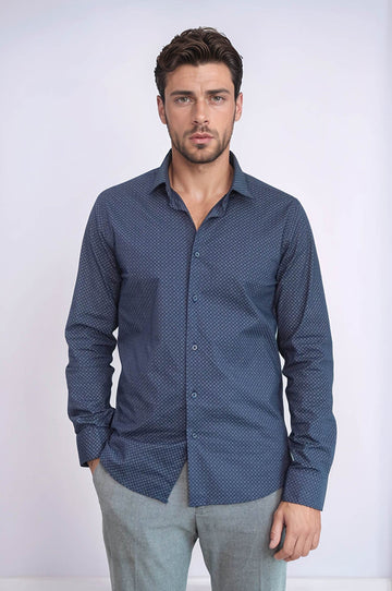 Men's Navy Blue Slim Fit Micro Check Patterned Shirt | Wessi