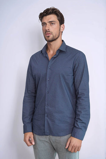 Men's Navy Blue Slim Fit Micro Check Patterned Shirt | Wessi