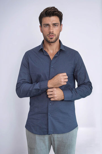 Men's Navy Blue Slim Fit Micro Check Patterned Shirt | Wessi