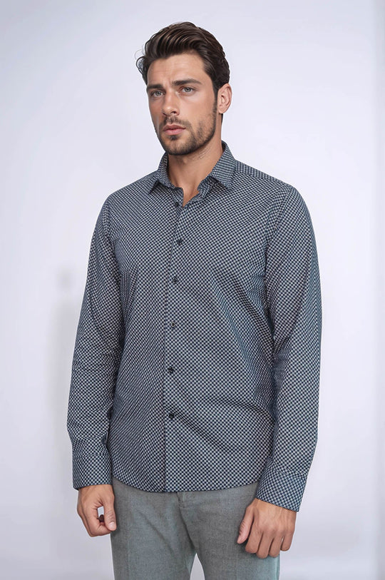 Men's Navy Blue Slim Fit Micro Check Patterned Shirt | Wessi