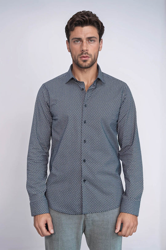 Men's Navy Blue Slim Fit Micro Check Patterned Shirt | Wessi