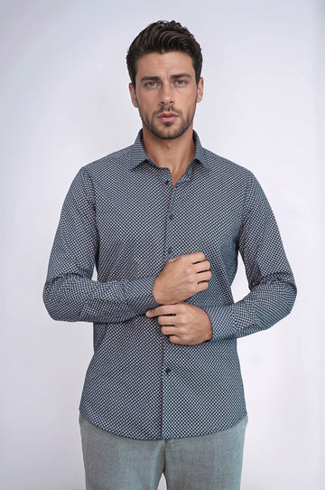Men's Navy Blue Slim Fit Micro Check Patterned Shirt | Wessi