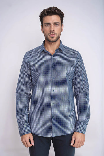 Men's Blue Slim Fit Micro Check Patterned Shirt | Wessi