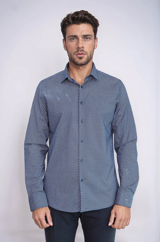 Men's Blue Slim Fit Micro Check Patterned Shirt | Wessi