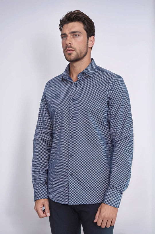 Men's Blue Slim Fit Micro Check Patterned Shirt | Wessi