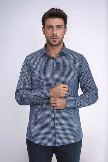 Men's Blue Slim Fit Micro Check Patterned Shirt | Wessi