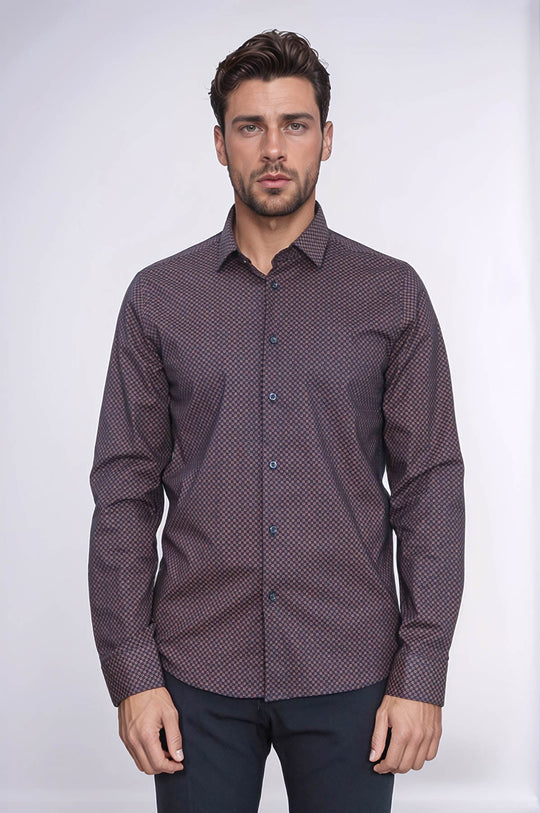 Men's Brown Slim Fit Micro Check Patterned Shirt | Wessi