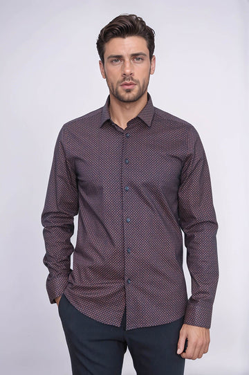 Men's Brown Slim Fit Micro Check Patterned Shirt | Wessi