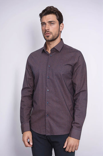 Men's Brown Slim Fit Micro Check Patterned Shirt | Wessi
