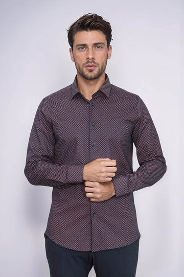 Men's Brown Slim Fit Micro Check Patterned Shirt | Wessi
