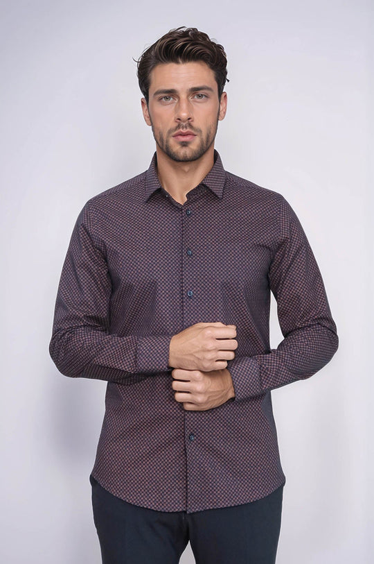 Men's Brown Slim Fit Micro Check Patterned Shirt | Wessi