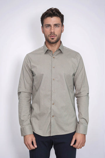 Men's Beige Slim Fit Micro Check Patterned Shirt | Wessi