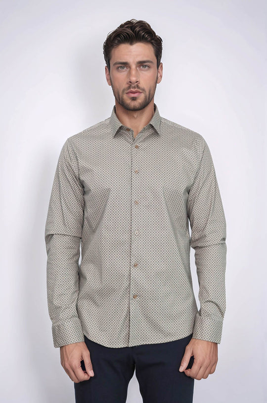 Men's Beige Slim Fit Micro Check Patterned Shirt | Wessi