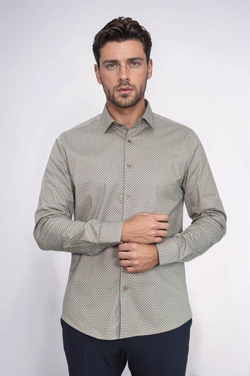 Men's Beige Slim Fit Micro Check Patterned Shirt | Wessi