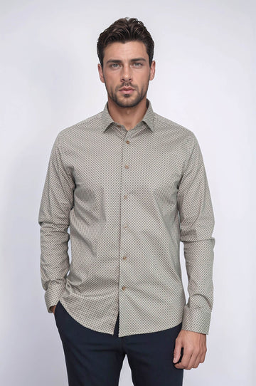 Men's Beige Slim Fit Micro Check Patterned Shirt | Wessi