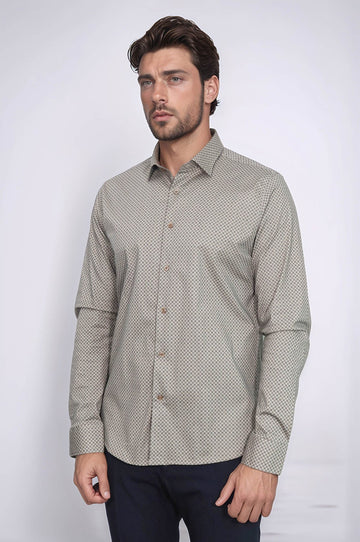Men's Beige Slim Fit Micro Check Patterned Shirt | Wessi