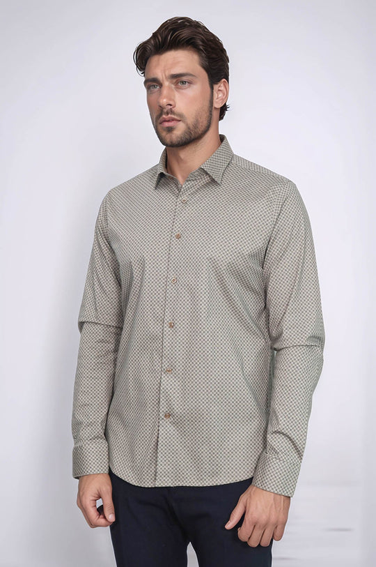 Men's Beige Slim Fit Micro Check Patterned Shirt | Wessi