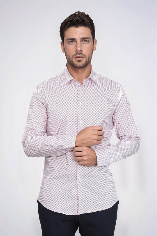 Men's Burgundy Slim Fit Micro Check Patterned Shirt | Wessi