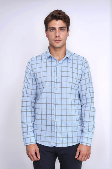 Men's Navy Blue Slim Fit Plaid Cotton Shirt | Wessi