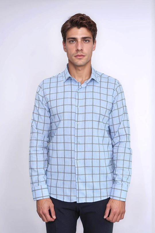 Men's Navy Blue Slim Fit Plaid Cotton Shirt | Wessi