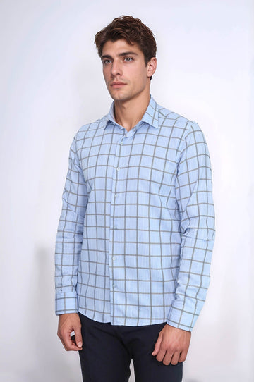 Men's Navy Blue Slim Fit Plaid Cotton Shirt | Wessi