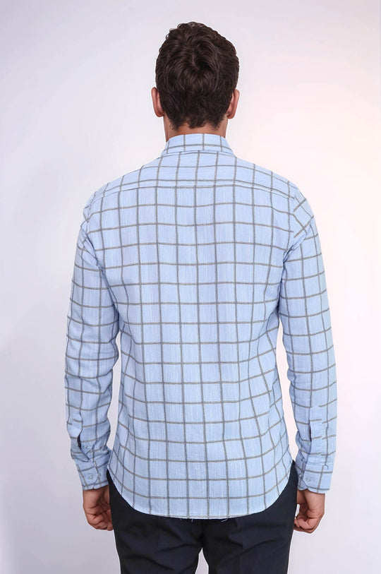 Men's Navy Blue Slim Fit Plaid Cotton Shirt | Wessi
