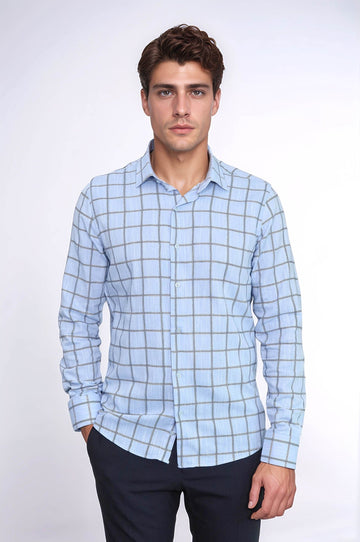 Men's Navy Blue Slim Fit Plaid Cotton Shirt | Wessi