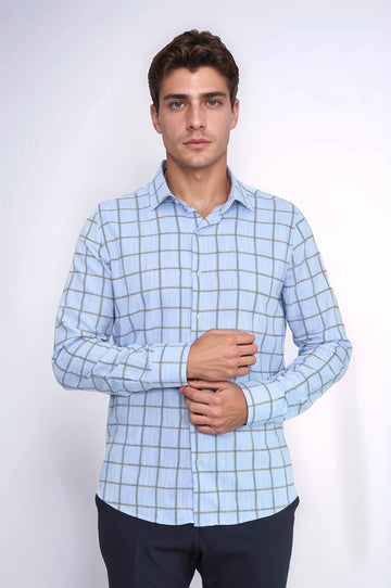 Men's Navy Blue Slim Fit Plaid Cotton Shirt | Wessi