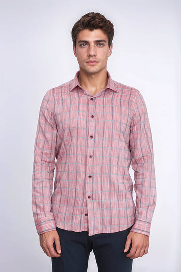 Men's Burgundy Slim Fit Plaid Cotton Shirt | Wessi