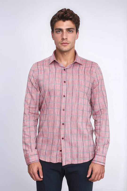 Men's Burgundy Slim Fit Plaid Cotton Shirt | Wessi