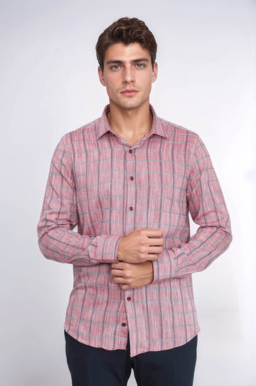 Men's Burgundy Slim Fit Plaid Cotton Shirt | Wessi