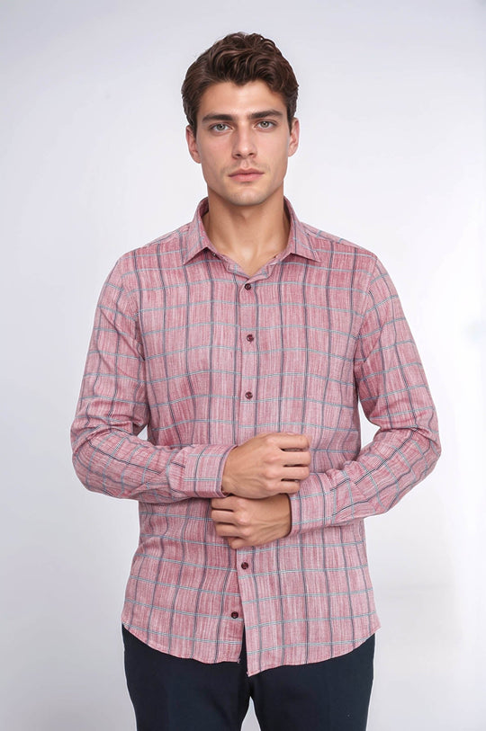 Men's Burgundy Slim Fit Plaid Cotton Shirt | Wessi