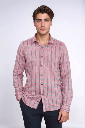 Men's Burgundy Slim Fit Plaid Cotton Shirt | Wessi