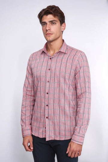 Men's Burgundy Slim Fit Plaid Cotton Shirt | Wessi