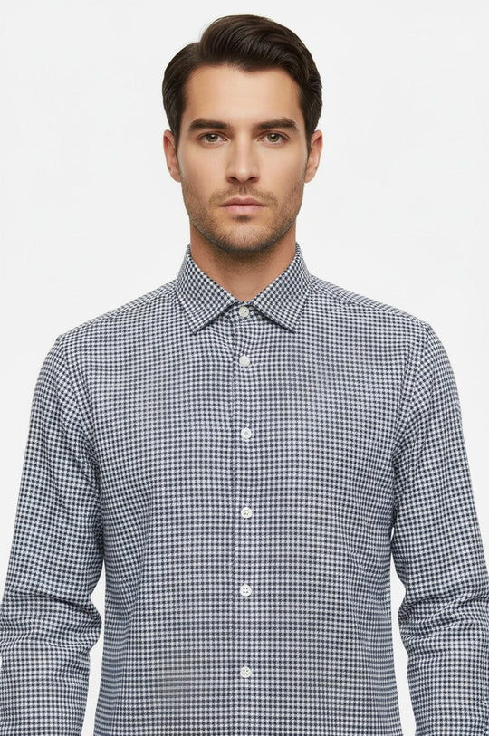 Men's Navy Blue Slim Fit Houndstooth Shirt | Wessi