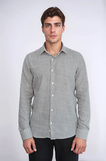 Men's Green Slim Fit Houndstooth Patterned Cotton Shirt | Wessi
